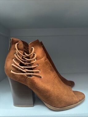 Suede Open-Toe Lace-Up Block Heel Bootie | 8